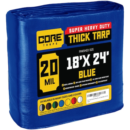 Core Tarps Heavy Duty Tarp, 24 ft L x 0.5 mm H x 18 ft W, 20 Mil, Blue, Polyethylene CT-705-18X24